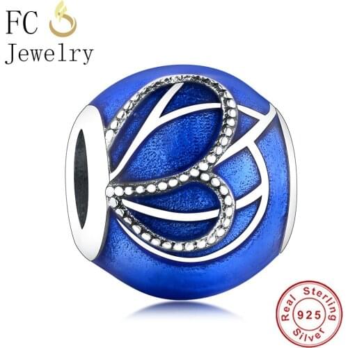 FC Jewelry Fit Original Brand Charm Bracelet 925 Sterling Silver Sea Blue Lampwork Enamel Stripe Cross Bead Making Berloque