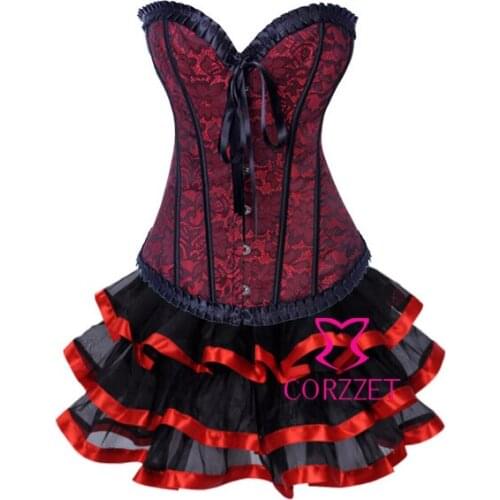 Overbust Ruffle Trim Boning Gothic Corset Dress Floral Embroidered Corset Tutu Skirt Burlesque Outfits Lolita Dresses