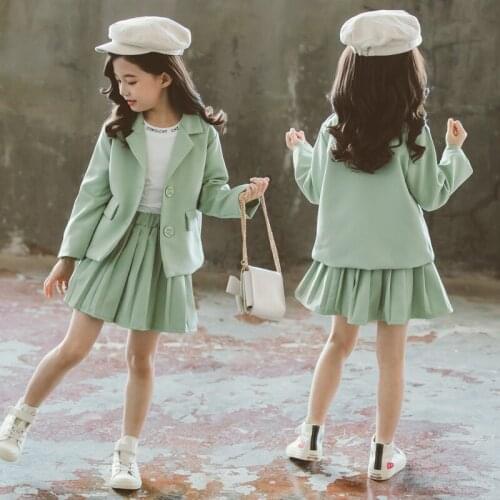 Spring Autumn Casual Girls Clothes 2 Piece Sets Single Breasted Blazer Jackets+Pleated Skirts Suits Teen Girls Outfits 4-13T