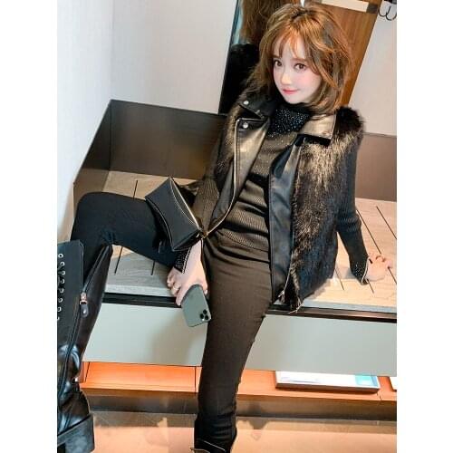 Fashion handsome fashionable PU leather stitching maomao inclined zipper locomotive vest dress the new winter 2020