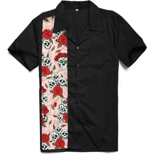 Male Red Rose Skull Short Sleeve Button Up Plus Size Tops Rockabilly Vintage 50s Club Rock N Roll Shirts for Halloween