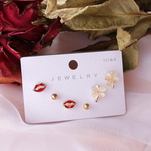 Charming Red Lips Pink Opal Leaf Stud Earrings Set for Women 2021 Trend Jewelry серьги 2021 тренд Cute Small Earrings 3 Pair/set