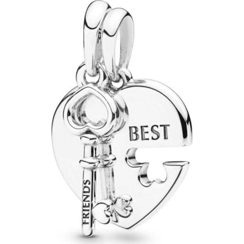 Genuine 925 Sterling Silver Beads Best Friends Heart & Key Pendant Charm Fit Pan Women Bracelet & Necklace Diy Jewelry