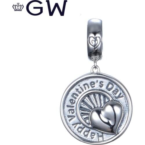 Heart Coins Charms 925 Sterling Silver Happy Valentines Day Charm Pendant Bracelet DIY Jewelry Gift Original GW