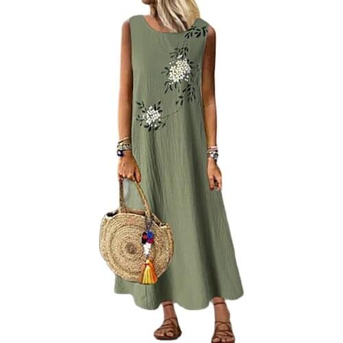 Chiffon Pullover O Neck Casual Sundress Women Summer 2021 Printing Sexy Dress Midi Casual Loose Sleeveless printed Long Maxi