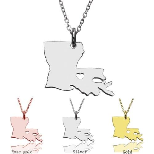 USA Louisiana State Map Hollow Heart Necklace Rose Gold Silver Color Stainless Steel Necklaces Chokers Hip Hop Jewelry