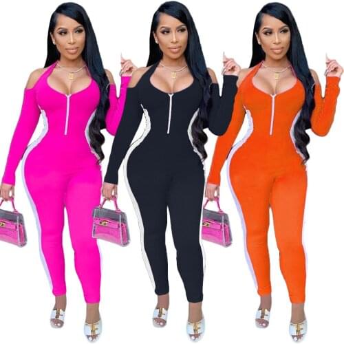 Autumn Casual Jumpsuit Color Patchwork Front Zipper Long Sleeve Off Shoulder Skinny Fitness Rompers Womens Clothes Overalls