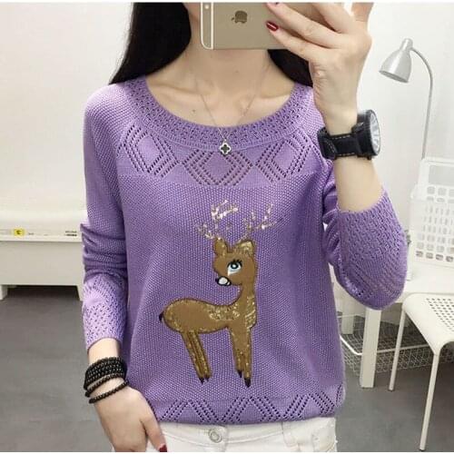 Women Autumn Horse printed Knitted Pullover Sweater Casual Long Sleeve O-neck Fall Hollow Out Pull Jumpers Yellow Tops Femme