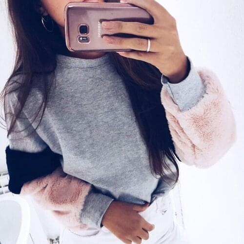 Fashion Sweet Warm Fur Sweatshirt Women Ladies Long Sleeve O-Neck Pullover Patchwork Slim Tops Outfit Autumn Winter