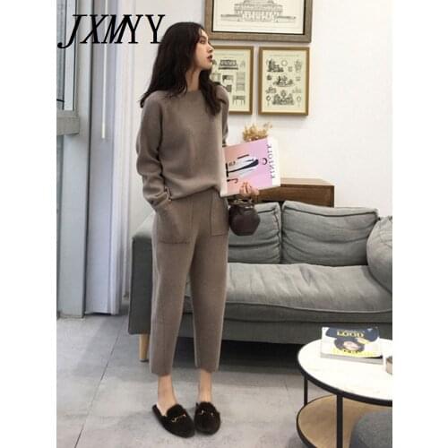 Womens suit Knitted 2 pieces Set Tracksuits Women Autumn Thick Warm O-neck Loose Sweater+Ankle-Length Pants Warm Cashmere Suit