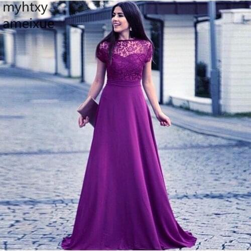 Event Elegant A-line Scoop Neck Short Sleeves 2020 Lace Top Prom Gowns For Women Purple Black Long Formal Party New Plus Size