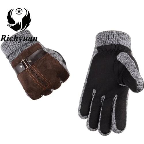 2017 Winter Mens Warm Gloves Natural Suede Leather Gloves Mittens Male Thick Thermal Leather Gloves Men Knitted Guantes