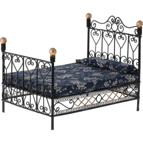 1:12 Dollhouse Miniature Metal European Retro Double Bed Bedroom & Mattress Furniture Kids Birthday Gifts Kids Play Toys Black