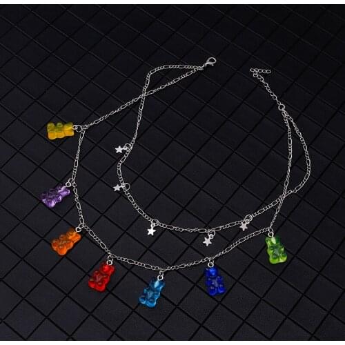 1PCS New Handmade Cute Gummy Cartoon Bear Chain Layer Necklaces Candy Color Pendant For Women Female Daily Jewelry Party Gifts