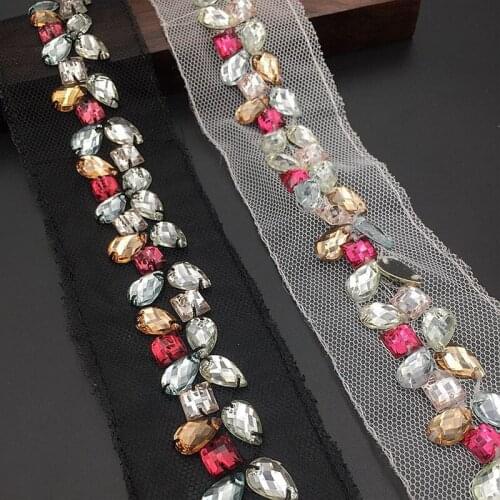 2Yards Sew on Crystal Beaded Lace Trim 4.5cm Handmade Rhinestones Mesh Fabric Clothing Accessories