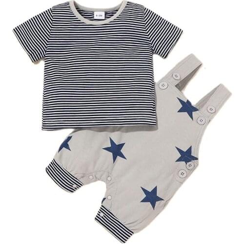2021 Summer Baby Boys Clothes Set 2pcs Cotton Short Sleeve Striped Shirt+Star Dungaree 3 Colours Kids Outfit Children Suit