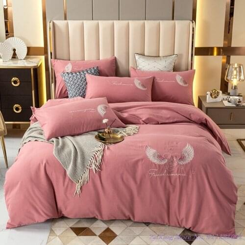4pcs Autumn winter warmth pure cotton Bedding Set thickened brushed pure color embroidery simple plain Quilt Cover 1.8m Bedsheet