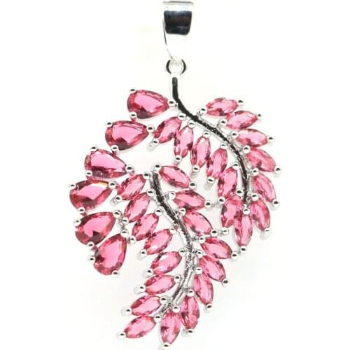 46x28mm SheCrown Big Leaf Silver Pendant for Women Created Rhodolite Garnet White Bright Zircon Zircon Fine Jewelry
