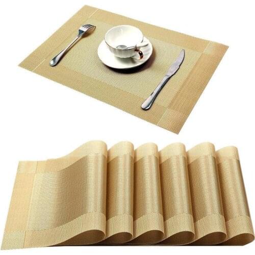 6/4pcs Gold Placemat Washable PVC Dining Table Mats Diagonal frame Stain-Resistant Cloth Disc Bowl Coaster Non-slip Pad WF