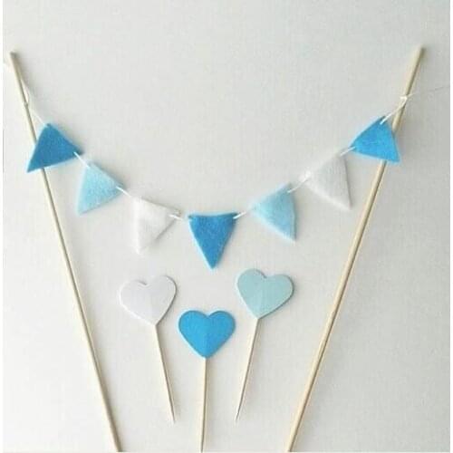 Free shipping Handmade Birthday Art Pennant Cake Banner Blue White Felt Cake Topper Kids Baby shower Party Decoration Bunting