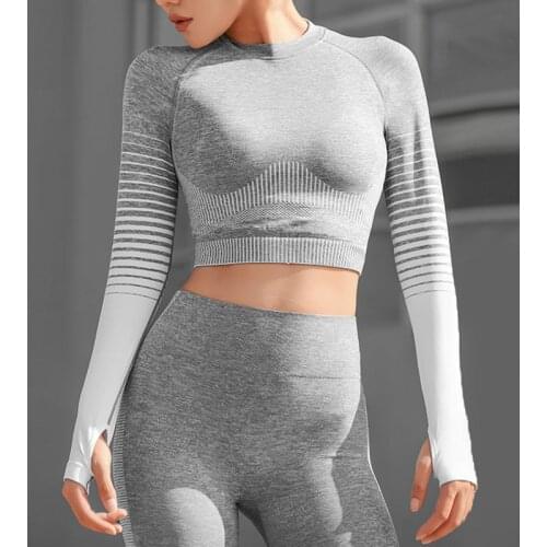 Seamless Yoga Set Grey Workout Sets Fitness Sports Long Sleeve Crop Top Yoga Leggings Sport Suit Tracksuit Gym Jogging Clothes