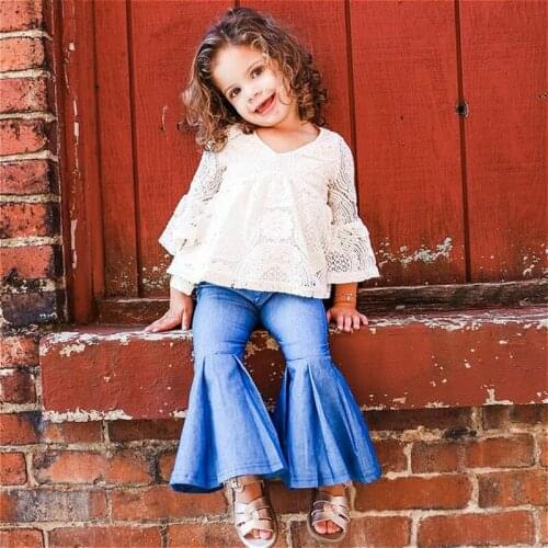 0-5Y Kids Girls Clothes Sets 2021 Summer Autumn Toddler Lace Floral Long Sleeve Shirt Tops + Denim Flare Pants Baby Outfits
