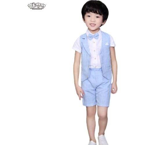 3pcs Children Summer Formal Suit Sets Boys Plaid Wedding Party Clothing Sets Kids Gentleman Cotton Performance Costume