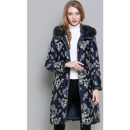 Natural Real Rabbit Fur Collar Hooded Long Jacket Women Coat Parka Ladies Floral Printed Winter Warm Outwear Plus Size