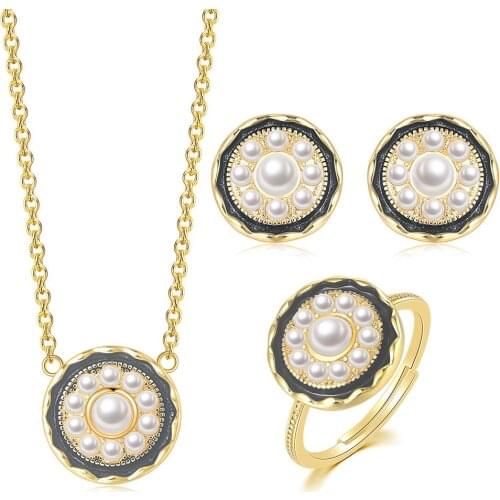 Aesthetic Vintage Charm Set For Women Yellow Gold Color Imitation Pearl Necklace Earring Ring Christmas Gift Jewelry S540-2
