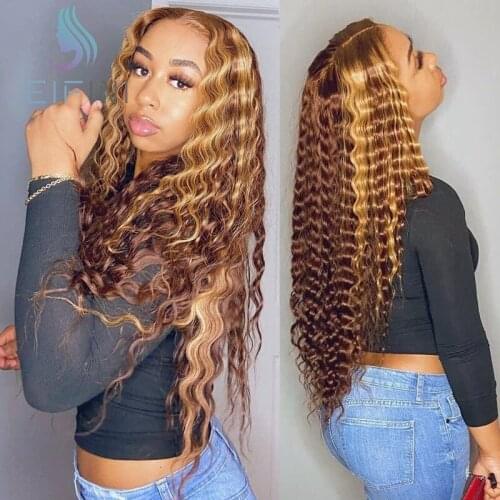 Highlight Curly Human Hair Wigs Ombre Honey Blonde T Part Lace Wig Brown Remy Hair 200% Density Deep Water Wave Wigs For Women