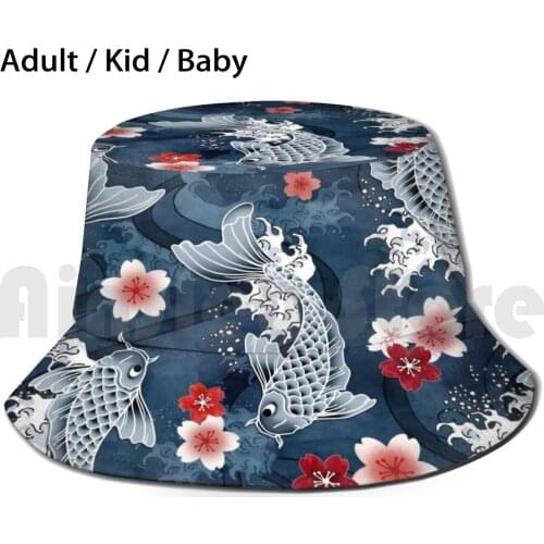 Koi Sakura Blossom In Blue Bucket Hat Adult kid baby Beach Sun Hats Adenaj Cherry Blossom Flower Floral Japanese Asian Fish