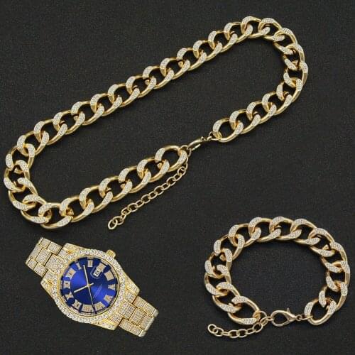 3pcs Kit Hip Hop 16MM Full Iced Out Paved Rhinestone Choker Miami Adjustable Cuban Necklace+Watch+Bracelet For Men Women Jewelry