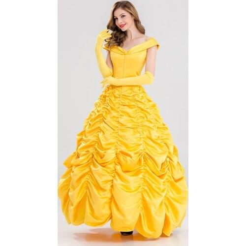 Fantasia Halloween Cosplay Adult Princess Yellow Costume Long Dress Women Southern Beauty and the Beast Costume