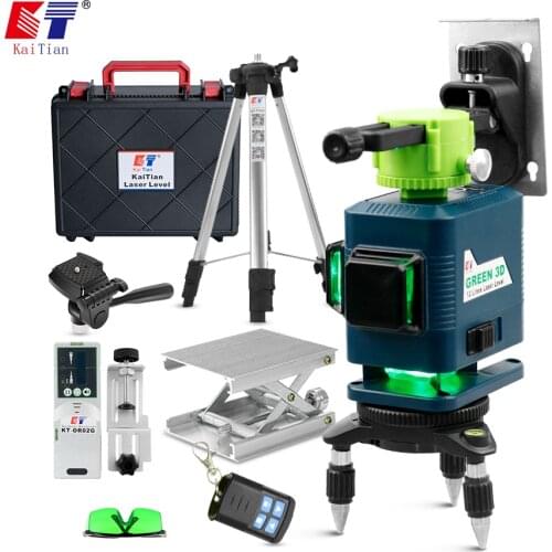 KaiTian 3D Laser Level Tripod 12Lines Level Self-Leveling 360 Horizontal&Vertical Cross Powerful Green Receiver Nivel Laser Line