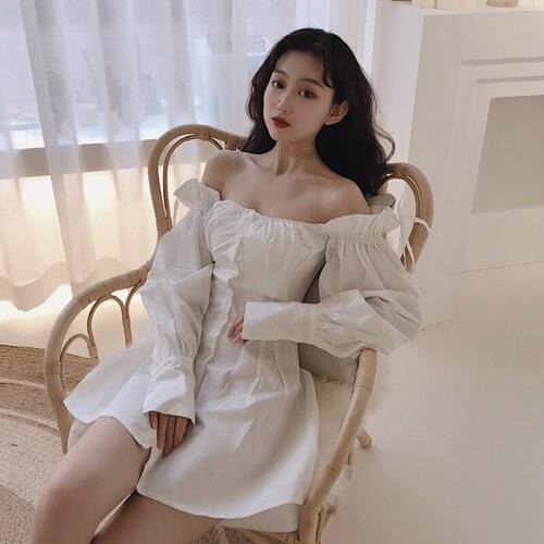 Long sleeve summer white dress Womens Clothing fashion ruffles sexy slash neck Backless mini-dresses off shoulder vestidos new