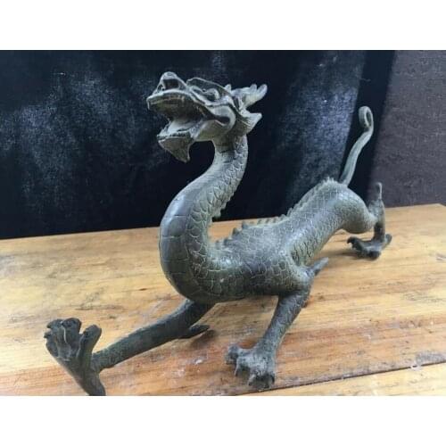 13''copper sculpture carved ancient times auspicious beast Dragon statue
