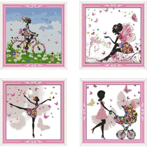 Flower Fairy Series Cartoon Girl Character Pattern DMC Cross Stitch Kit 14ct 11ct Canvas Print Embroidery Kit DIY Needlework
