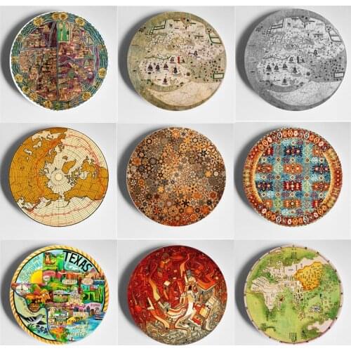 Map Drawing Wall Plate Beautiful Decorative Plate Pure Handmade Art Plate Art Display Home Studio Background Wall Decoration