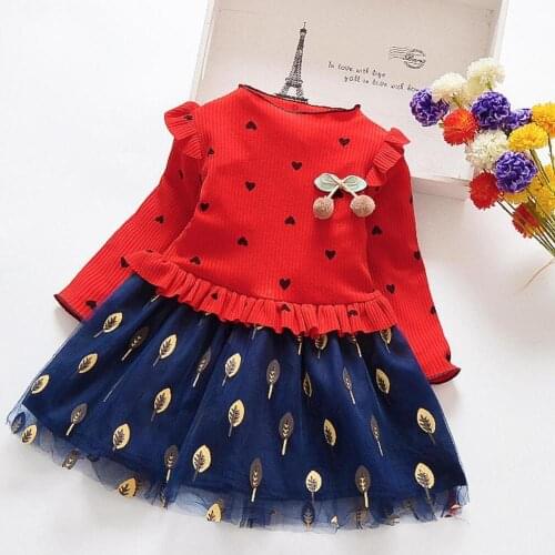 Girls dress spring and autumn new Korean version of long sleeve love The leaves of printing mesh dress cotton princess dress