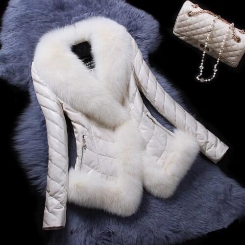 Savabien Furry Faux Fur Collar Long Sleeve Leather Jacket Ladies Fake Fur Jacket Warm Slim Parka Short Faux Fur Coat Outerwear