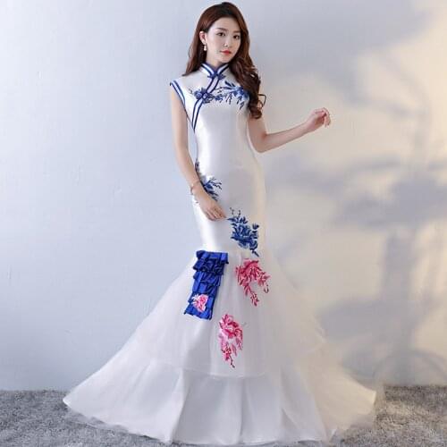 Blue White Chinese Wedding Dress Sexy Tailing Bride Cheongsam Long Traditional Evening Gown Party Dresses Qipao Embroidery Woman