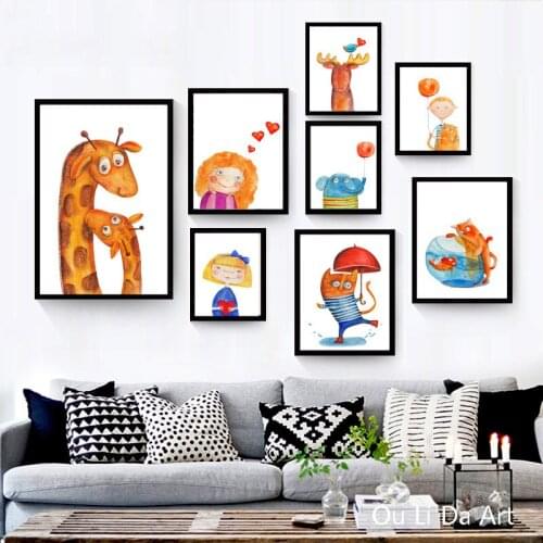 Modern cute cartoon cat elephant girl canvas printing oil painting printed on canvas home Kid room wall art decoration picture