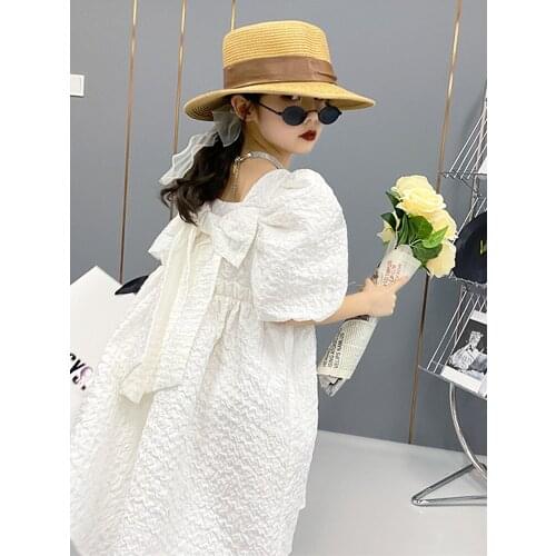 Girls' Texture Dress 2021 Summer New CUHK French Retro Versatile Bubble Sleeve A-line Dress Kids Dresses for Girls
