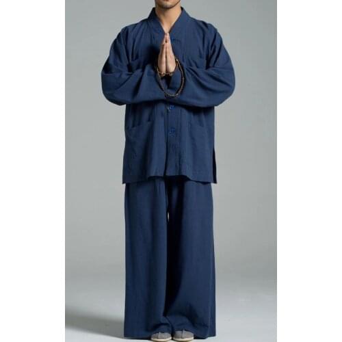 Unisex Summer&Spring high-grade cotton&linen buddhist shaolin monk kung fu suits buddha uniforms zen lay clothing blue