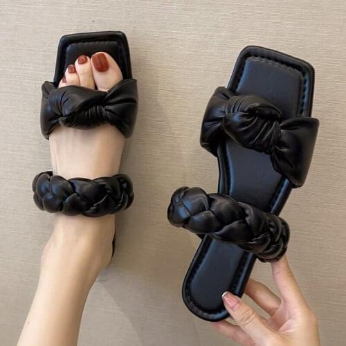 Women Weave Bowtie Slippers 2021 Womens Square Toe Casual Flats Ladies Summer Beach Slides Footwear Female Leisure Shoes