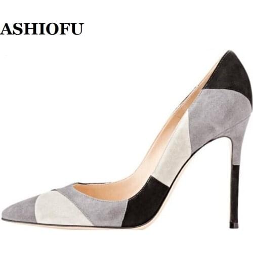 ASHIOFU New Handmade Womens High Heels Pumps Multicolored Suede Fabric Mesh Party Prom Shoes Fashion Evening Pumps Court Shoes