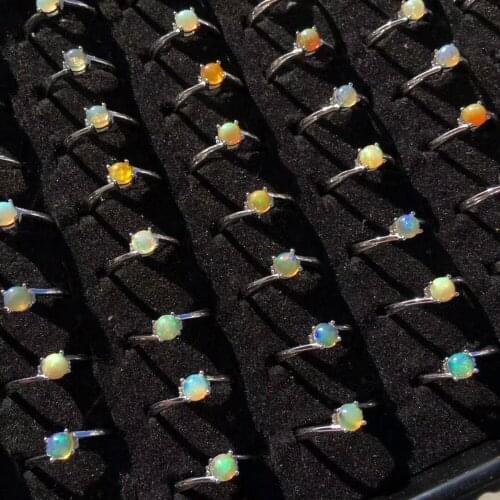 5mm Round Real Natural Opal Jewelry Multicolor Natural Opal Ring 925 Sterling Silver Wedding Ring for Women Adjustable Ring Size