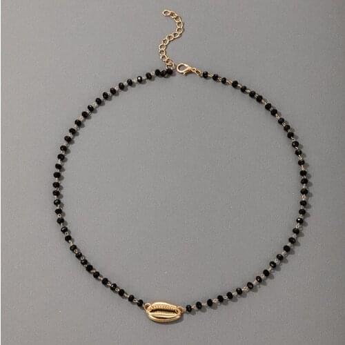HuangTang Bohemian Gold Color Shell Pendnt Necklace for Women Trendy Black Beads Chokers Necklace Beach Charming Jewelry A13102
