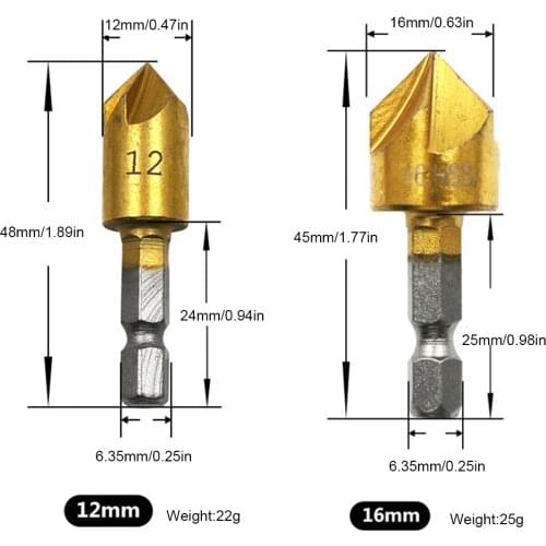 1/4" Hex Shank 3PCS 5 Flute Chamfer Countersink HSS Wood Chamfering Cutter Chamfer 12/16/19mm Countersink Woodworking Drill Bit
