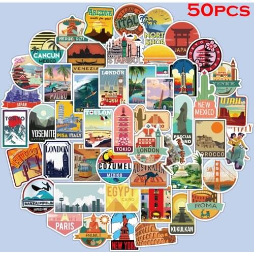 50Pcs City Travel Landscape Series Stickers DIY Luggage Skateboard Refrigerator Stickers Waterproof PVC Graffiti Stickers